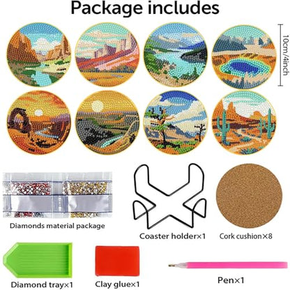 Clendo 8 Pcs National Park Diamond Art Coasters Kit with Holder,Small Landscape Diamond Art Kits for Adults Beginners, Diamond Painting Coasters Arts and Crafts Kits - color: Jxbd107-us