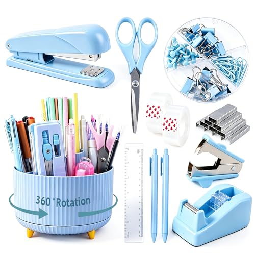 Gawsey Blue Desk Organizers and Accessories with Desk Organizer 360° Rotating Pen Holder and Office Supplies, Cute Stationery Supplies Set - color: Blue