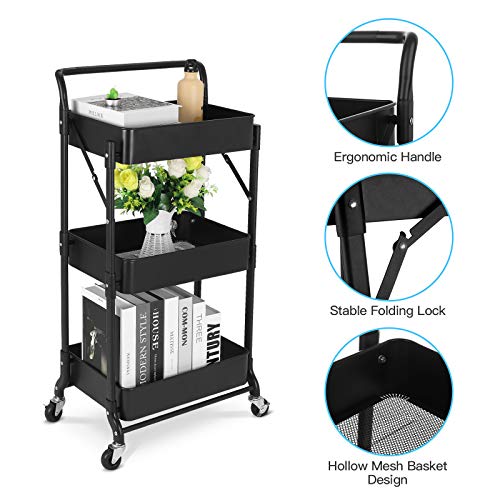 Foldable 3 Tier Metal Utility Rolling Cart, Folding Mobile Multi-Function Storage Trolley Organizer Cart for Home Library Office(Black) | Collapsible Rolling Storage Cart with 3 Hanging Cups, Folding Storage Trolley Organizer Cart for Home Office Kitchen(