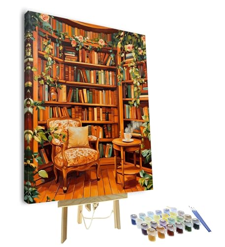 TUMOVO Paint by Numbers Kit for Adults, Adult Paint by Number - Bookshelf with Books and Plants, Color by Number Canvas Art for Home Office Decor, 16x20 Inch(Framed) - color: Bookshelf(Framed)