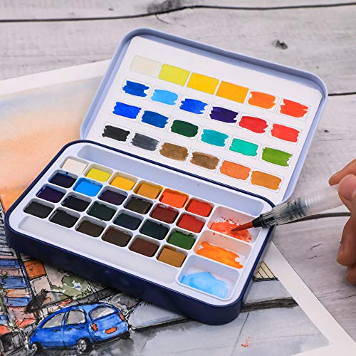 Artecho 24 Colors Watercolor Paint Set, Portable Travel Tin Box with Brush - color: 24 colors