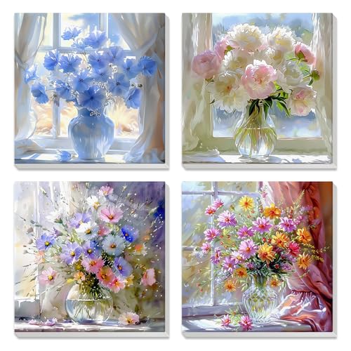 NEWENMO 4 Pack Paint by Numbers for Adults with Wooden Framed, Wildflowers in Vase, Paint by Number Kits on Canvas for Beginner, DIY Acrylic Oil Painting Kits for Home Decor 8x8 inch, Colorful Flowers - color: pink-flower
