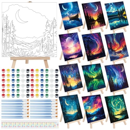 Tenceur 12 Sets Pre Drawn Canvas to Paint Adult Stretched Coloring Painting Canvas Panels with Design Easel and Brushes for Party Supplies Beginner Favor(Starry Aurora) - style: Starry Aurora