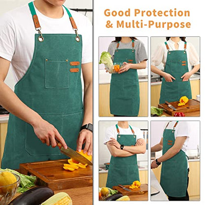 Tosewever Canvas Cross Back Chef Cotton Aprons for Men Women with Large Pockets - color: Green