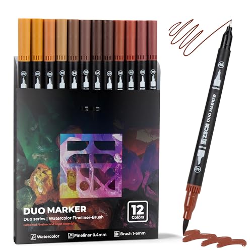 Brown Duo Tip Marker Pens, 12 Fine & Brush Tip Pen For Adult Coloring Books | No Bleeding Earth Brown Markers, Drawing Pen for Wood Texture, Animal Fur, Vintage Effects and Antique Coloring - color: 12 Brown