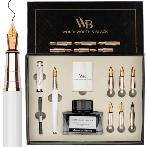 Wordsworth & Black Luxury Calligraphy Pen Set, 6 Nibs, White Rose | Fountain Ink Bottle, Cartridges & Refill Converter, Refillable, White, High End Gift for Men & Women, Journaling & Lettering - color: White Rose Gold