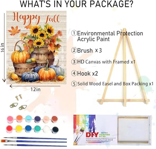 MIRCVSH Happy Fall Paint by Numbers for Adults with Framed Canvas-with Wooden Easel,Pumpkins Paint by Number on Canvas,DIY Painting Kits with Brushes Nice Gift Box for Home Wall Decor(12x16 Inch) - color: DKMT0212