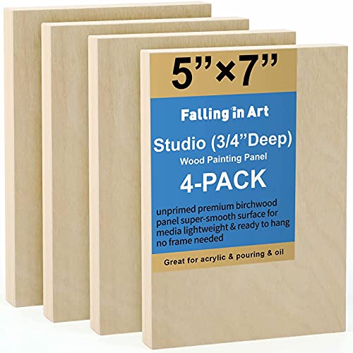 4 Pack 5x7’’ Unfinished Birch Wood Panels Kit for Painting | Studio 3/4’’ Deep Wooden Canvas, Cradle Boards for Acrylic Pouring, Art, Crafts, Epoxy Resin, Laser Engraving Cutting - size: 5'' x 7'' Studio