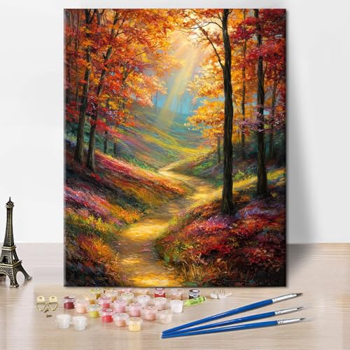 TUMOVO Forest Paint by Numbers Decor Kit for Adults Golden Autumnal Path | autumn scenery 16x20 inch unframed canvas, easy to follow, pre-numbered, no painting skills needed, acrylic paints included. - color: Autumnal