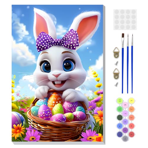 DOMROM Framed Paint by Numbers Kit for Adults, Bunny DIY Paint by Number Kits on Canvas, Easy Animal Painting by Numbers for Home Wall Decor Gift 8x12 Inch - color: PK033