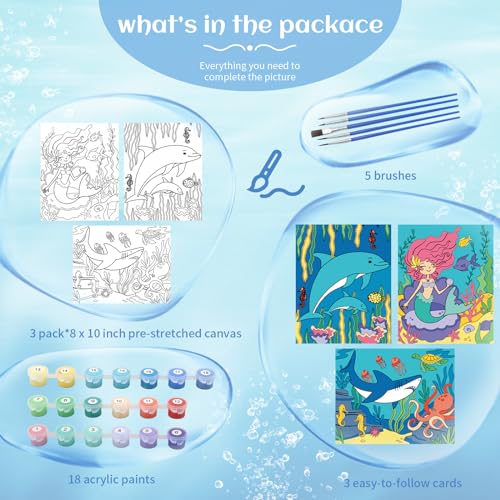 goldentime 3 Pack Kids Paint by Numbers Ages 4-8-12 Includes 8x10 inch Framed Canvas with 19 Acrylic Paints, 5 Brushes Fun and Easy Predrawn Canvas for Painting Kids - color: seaworld