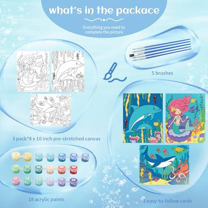 goldentime 3 Pack Kids Paint by Numbers Ages 4-8-12 Includes 8x10 inch Framed Canvas with 19 Acrylic Paints, 5 Brushes Fun and Easy Predrawn Canvas for Painting Kids - color: seaworld