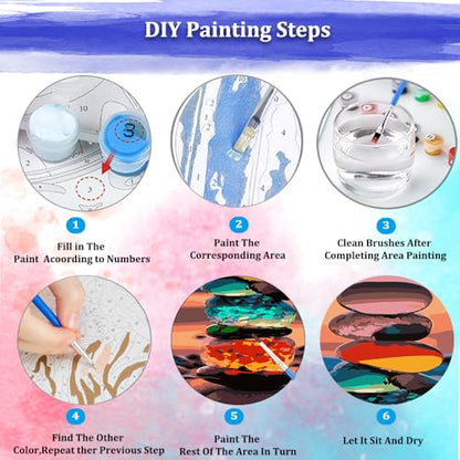JUJUHOOD Sunset Beach Stone Paint by Numbers Beginner,Beach Scenery Paint by Number Kit for Adults, Adult Paint by Number Canvas with Paintbrushes and Acrylic Pigment16x20 inch,Sunset Beach Stone - color: Sunset Beach Stone