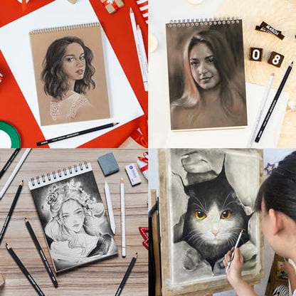 MARTCOLOR Charcoal Drawing Set, 19 Pieces, Black & White Charcoal Pencils and 5.5X8.5” Premium Sketch Book Set, 1 Pack, 100 Sheets(68 lb/100gsm) Sketchbook