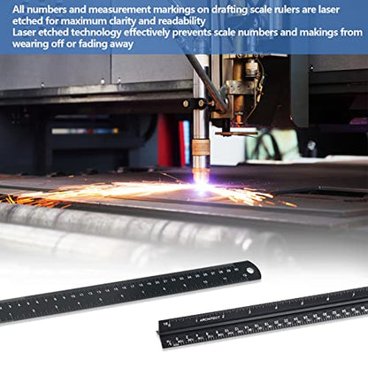 Architectural Scale Ruler with Straight Ruler, Imperial Measurements 12'' | Black, Laser-Etched Aluminum Architect Triangular Ruler for Architects, Engineers, Students and Draftsman - style: Black-A&S