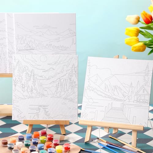 Affrolling 12 Pcs Pre Drawn Canvas for Painting for Adults 8 x 8 Inch Canvas Painting Kits Stretched with Drawing Ready to Paint Beginner Artists Date Night Party Supplies(Scenery) - style: Scenery
