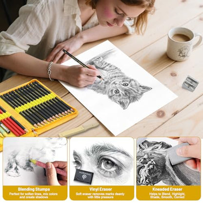 Heshengping Sketching and Drawing Pencils Set 26pcs, Art Supplies Drawing pencil Kit,Graphite Charcoal Professional Pencils Set, Adults Beginners Artist - style: 26 Pack Sketching Pencils Yellow