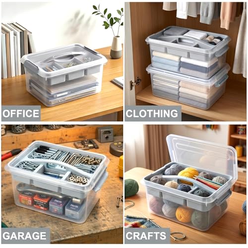 Yesland Portable Craft Storage Box with Removable Tray and Handle, 16x11x6.5 Inch Plastic Art Supply Organizer Container for Stationery, Sewing, Jewelry - Grey (Pack of 3) - size: 16 inches x 11 inches x 6.5 inches (Pack of 3)