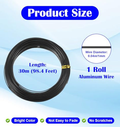 Black Craft Wire, 18 Gauge Aluminum Craft Wire, Bendable Wires for Crafts and Jewelry, Wreaths & Crafts (30m X 0.04 Inch, Black)