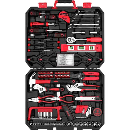 DEKOPRO Tool Set:228 Piece Home Tool Kit, Household Basic Repair Tool Set Comes with Plastic Storage Case, Socket Wrench Set for Car-Red - color: Red