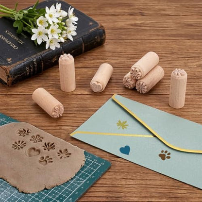 OLYCRAFT 7PCS 2x0.8 Inch Wood Pottery Tools Stamps Polymer Clay Stamp Column Wooden Stamps Round Pottery Stamp with Mixed Patterns for Clay and Ceramic
