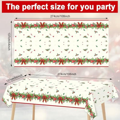 OBUSATT 3pcs Christmas Party Tablecloth Holly and Pine Cone Merry Christmas Holiday Table Cloth 108 x 54 Inch Rectangle Waterproof Xmas Holiday Table Cover Decorations for Christmas Party Supplies - style: Holly and Pine Cone