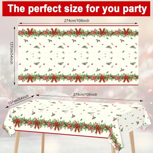 OBUSATT 3pcs Christmas Party Tablecloth Holly and Pine Cone Merry Christmas Holiday Table Cloth 108 x 54 Inch Rectangle Waterproof Xmas Holiday Table Cover Decorations for Christmas Party Supplies - style: Holly and Pine Cone