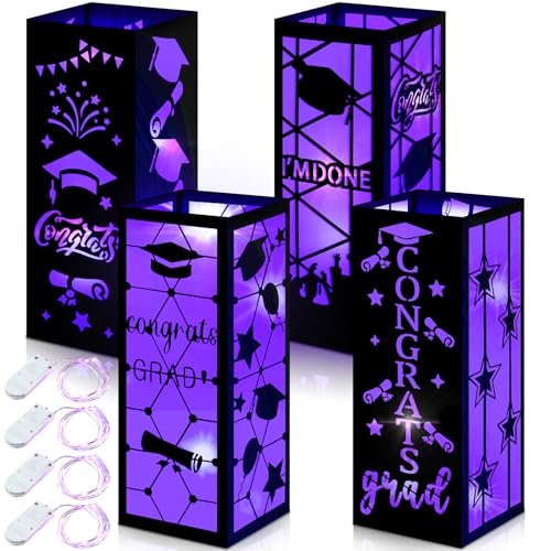 Feifeiya 4 Pcs 2026 Graduation Table Centerpieces Boxes Class of 2026 Graduation Table Lanterns with LED String Lights for Congrats Grad School College Party Supplies, 10.63 x 3.94 Inches(Purple) - color: Purple