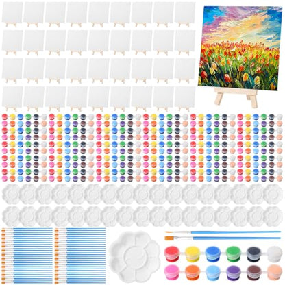 Qilery 36 Set 6 x 6 Inch Mini Canvas Boards with Easel Painting Kit, Acrylic Paints Strips, Brushes, Palette, Oil Art Set for Acrylic Birthday Party Favors - size: 5.9 x 5.9 Inch
