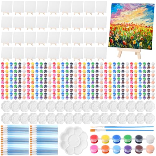 Qilery 36 Set 6 x 6 Inch Mini Canvas Boards with Easel Painting Kit, Acrylic Paints Strips, Brushes, Palette, Oil Art Set for Acrylic Birthday Party Favors - size: 5.9 x 5.9 Inch