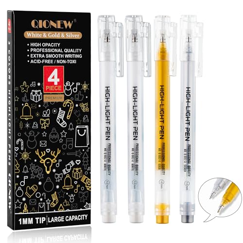 Qionew Gold Silver White Gel Pens,1mm Gel Ink Pen,Opaque Ink Gel Pen,3 Pack | Opaque Ink, Gel Pen for Artists, for Black Paper Drawing, Holiday Crafts, Illustration, Card Making, Bullet Journaling - size: 1.0 mm, style: Multicolor