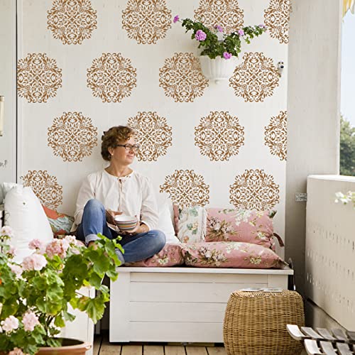 FINGERINSPIRE 9 Pcs Damask Painting Stencil with Brush 11.8x11.8inch Mandala Flower Drawing Template Flower Corner Border Pattern DIY Decoration Stencil for Painting on Wood Wall Fabric Furniture - style: Damask