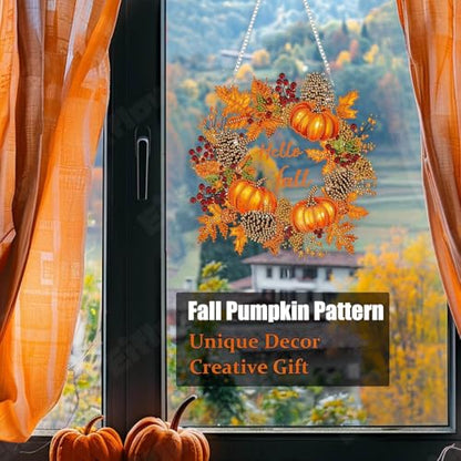 Eiflow Fall Diamond Art Hanging Kit for Adult Pumpkin Wreath, DIY Acrylic Diamonds Painting Ornament Double Sided Pendant Board Kit(Hello Fall)