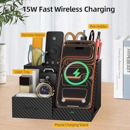 TopMade Wireless Charger Nightstand Organizer, Multi-Functional Pen/Pencil/Remote Holder for Desk, Leather Desktop Organizers, Home Office Supplies Fast Phone Charging Stand, Black Carbon Fiber - color: Black Carbon Fiber