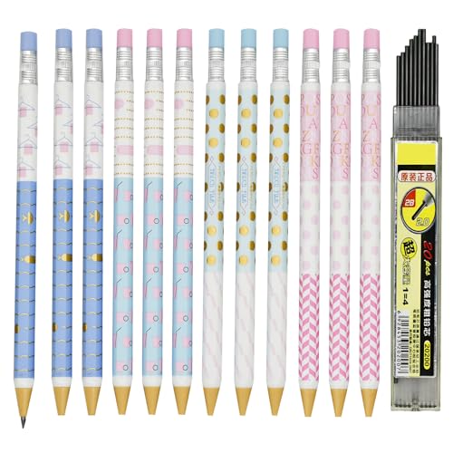 12 Pack 2.0mm Cute Mechanical Pencils with 12 Extra 2B Refill Leads