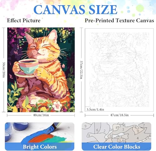ZRIZQ Paint by Numbers Kit for Adults Beginner,Cat Coffee,16x20 | Full set with wooden brushes,rolled canvas,rich paints.Calming activity.Beginner friendly.Just open and paint. - color: 16"X20"Rolled Canvas(Frameless)-Cat 8