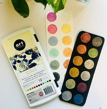 Prima Marketing Art Philosophy Metallic Accents Semi-Watercolor Paint -12 Cakes & Brush 655350592974 Metallic Accent Watercolors