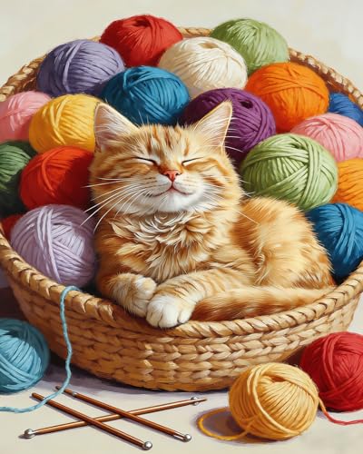 TFIAVSIN Cat Sleeping in Basket Paint by Numbers Kit for Adults - Adorable Pet & Hobby Theme Adult Paint by Number Kits on Pre-Printed Canvas for Relaxing Arts & Crafts - 16x20 Inch - color: Cat