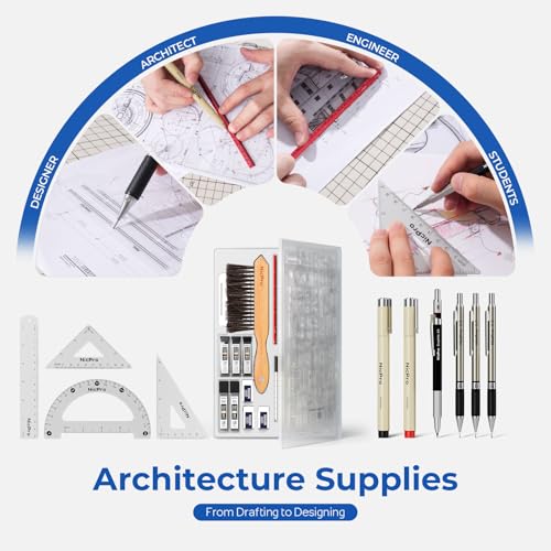 Nicpro 30PCS Professional Drafting Tools & Geometry Set with Case, Architect Protractor Set, Metal Mechanical Pencils, Pen, Scale Ruler Metal Ruler, 5 Drawing Templates for Interior Design House Plan - size: 30 PCS