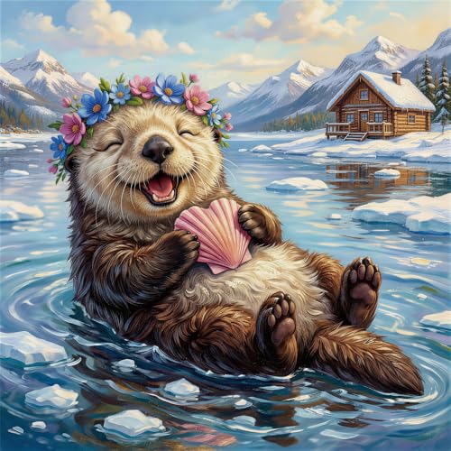 Diamond Painting Kit for Adults 14x14 Inch Cute Otter Lake Scene Full Drill DIY Diamond Art Kit Animal Rhinestone Painting Snow Mountain Cabin Craft Home Wall Decor Relaxing Hobby - color: FYZZ-128