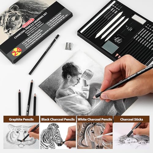 GETHPEN Drawing Sketching Pencil Set, Graphite Pencils (12B-4H), 24Pcs | Art Pencil Kit, Black and White Charcoal Pencils, Stumps, Eraser, Sharpeners, Sketching, Shading, Sketch Set for Artists