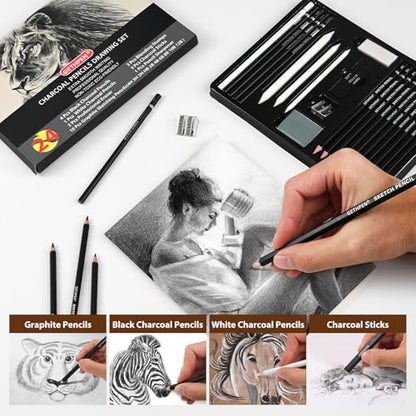 GETHPEN Drawing Sketching Pencil Set, Graphite Pencils (12B-4H), 24Pcs | Art Pencil Kit, Black and White Charcoal Pencils, Stumps, Eraser, Sharpeners, Sketching, Shading, Sketch Set for Artists