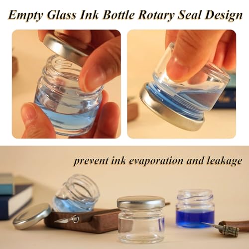 Wooden Tilting Calligraphy Pen Holder with 14Pcs Empty Glass Ink Bottle Container, Calligraphy Oblique Nib Holder Stand Base Set Desktop Tabel Decoration