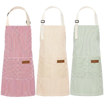 3 Pack Stripes Kids Apron, Adjustable Kids Cooking Aprons with 2 Pockets, Cute Chef Baking Aprons for Boys and Girls - color: Pink + Green + Khaki, size: 55x65cm