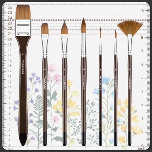 Sable Watercolor Brushes Professional, Fuumuui 7Pcs Sable Brush Set Variety Shapes with Flat, Round Pointed, Cat's Tongue Oval Wash Fan Brush Perfect for Watercolor Gouache Inks Painting - color: Brown+black
