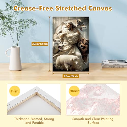 Bowetile Framed Jesus Paint by Numbers Kit for Adults, Adults' Paint-by-Number Lamb Kits on Canvas, Painting by Numbers Wolves, DIY Acrylic Number Painting for Home Wall Decor, 8x12in - color: Jesus,Lamb,Wolves