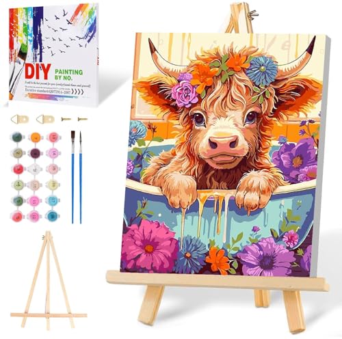 Mowana Cow Paint by Numbers Kit for Adults Beginners Framed, Painting by Numbers for Adults Canvas with Easel for Gift and Home Table Wall Decor 7.8x11.8inch - color: Cute Cow