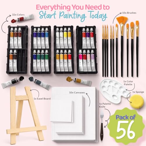 Chalkola Acrylic Paint Set for Adults & Kids - 56 Pcs Canvas Painting Kit with 32 Paints (22ml), 10 Brushes, 10 Canvases, Tabletop Easel, Palette, Knife - Professional Craft & Art Painting Supplies | 32 Acrylic Paints (22ml), 10 Brushes, 10 Canvases, Tabl