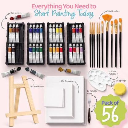 Chalkola Acrylic Paint Set for Adults & Kids - 56 Pcs Canvas Painting Kit with 32 Paints (22ml), 10 Brushes, 10 Canvases, Tabletop Easel, Palette, Knife - Professional Craft & Art Painting Supplies | 32 Acrylic Paints (22ml), 10 Brushes, 10 Canvases, Tabl