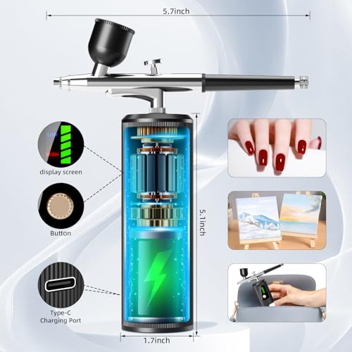 Airbrush Kit with Compressor - 48PSI High-Pressure, Non-Clogging Air Brush Set Cordless Rechargeable with 0.3mm Nozzle, Ideal for Painting, Modeling, Cake Decor, Pastry, Makeup, Nail Art (Black)
